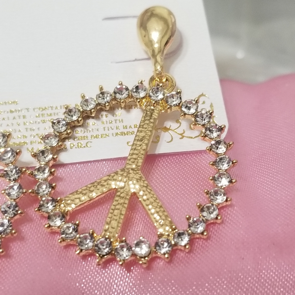 💟3/25  Gold Rhinstone Peace Sign Earings - Picture 7 of 8